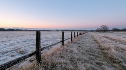 Obraz premium Frozen field fence at sunrise. Use for nature, tranquility, serenity