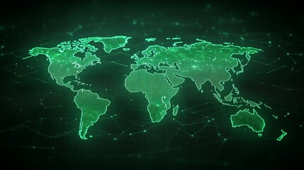 Naklejka premium Global connections illuminated, green lights highlight world map depicting interconnected network