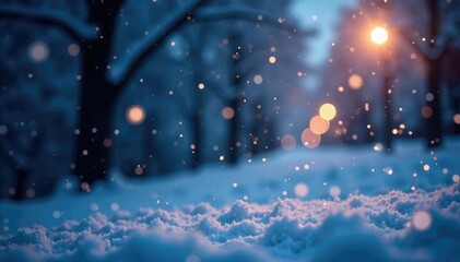 Naklejka premium Sparkling snowflakes fall on a frosty winter night, winter, bokeh