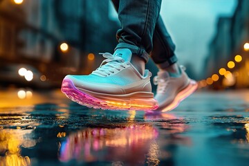 Close-up of a person's feet in fashionable light-up sneakers against a rainy street with vibrant reflections.