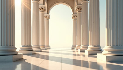 Naklejka premium Elegant Roman marble column background – towering white Corinthian columns with intricate carvings, bathed in soft golden light