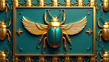 Golden scarab beetle background &ndash; symmetrical patterns of sacred scarabs in gold and deep turquoise