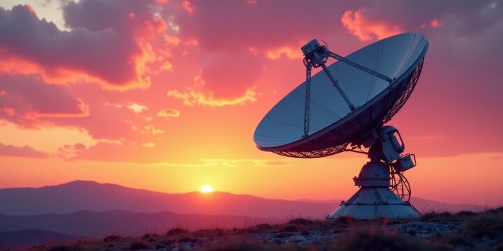 A large parabolic antenna dish silhouetted against a vibrant sunset, capturing the essence of communication technology and the vastness of the cosmos.