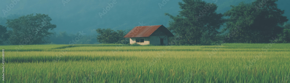 Poster lush green rice fields with a distant hut under a clear sky creating a serene landscape