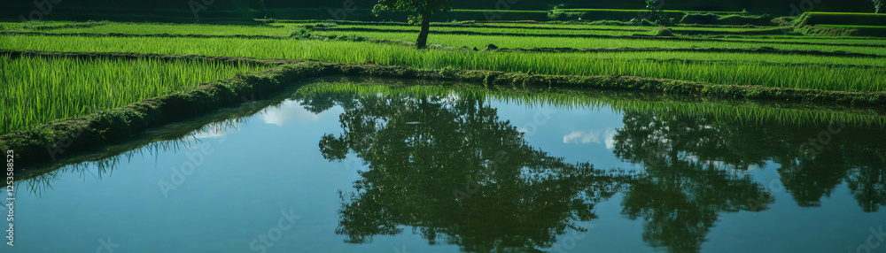 Poster beautiful reflection of trees in a small pond surrounded by lush rice fields