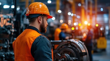 Overtime Shift Stress Concept, Workers on Factory Floor with Dim Lighting Wearing Safety Gear in Busy Industrial Environment