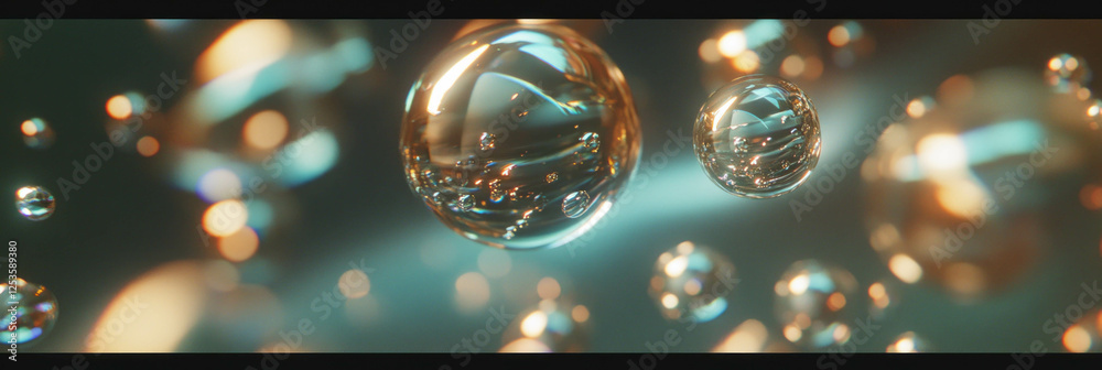 Poster scattered droplets create reflections on a textured surface against a bright background