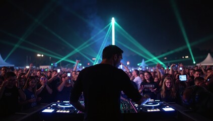 DJ performing at night music festival with glowing mixer