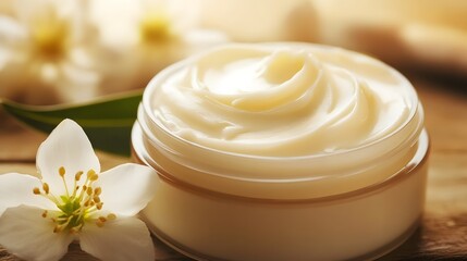 Luxurious all natural facial cream in a glass jar surrounded by delicate white flowers  This organic skincare product promises a pampering experience and a radiant youthful complexion