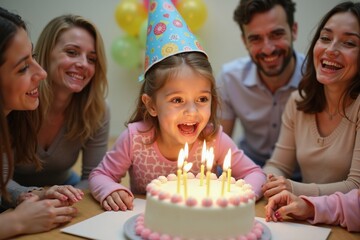 Happy child blowing candles on birthday cake with family around