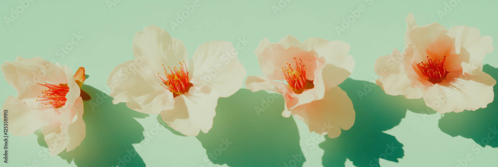 Poster sakura petals elegantly arranged on a soft green background with gentle lighting