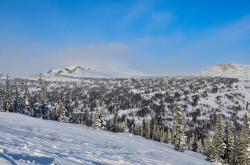 Winter landscape in mountains in frost sunny weather
