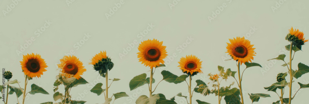 Poster Sunflower heads arranged in varied heights creating a vibrant display on a light background