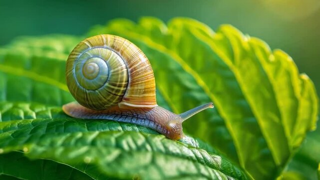 Detailed close-up of a snail slowly crawling on a green leaf, highlighting its textured shell and delicate, natural movement. 