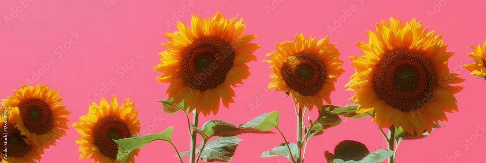 Poster sunflower heads create a vibrant wave against a bright fuchsia background