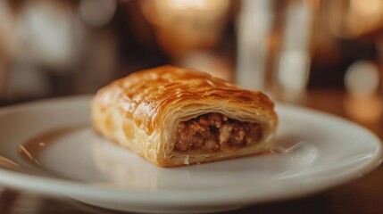 Delicious pastry on plate, cafe background, food photography, menu use