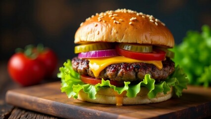 Juicy cheeseburger on a rustic wooden board, garnished with fresh lettuce, ripe tomatoes, red onions, and pickles, drizzled with melted cheese