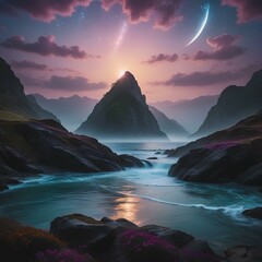 Mystical Landscape with Moonlit Mountain and Flowing Water