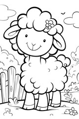 Obraz premium Black and white illustration of a cute sheep in a farm. Kids coloring book page. Concept of rural farm lifestyle