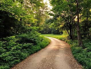 Fototapeta premium A winding path through dense green foliage leads to a serene forest clearing during the golden hour, , forest floor, winding path, green woods, sunlight filtering