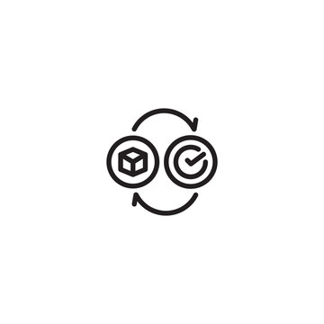 Two circles connected by circular arrows. The left circle contains a 3D cube, and the right circle contains a checkmark. Represents product verification, exchange, or a cyclical process of validation.