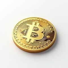 Close-Up of a Detailed Bitcoin Coin in Shimmering Gold Finish on a White Background, Ideal for Representing Cryptocurrency Themes, Digital Investment, and Modern Finance Concepts 