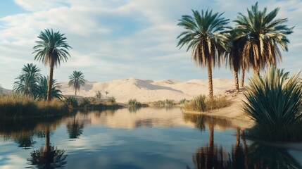 Oasis in the desert with reflective pool and sandy dunes under the blue sky