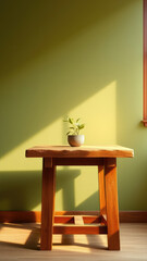 Wooden table against green wall with potted plant and natural light, natural light, serene space, urban living, potted plant, wooden table