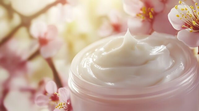 Luxurious botanical cream moisturizer with delicate pink floral accents promoting radiant glowing skin and a serene moment of self care and relaxation  This natural