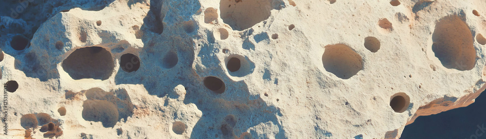 Poster surface of pumice stone displays rough texture and distinctive holes against bright background