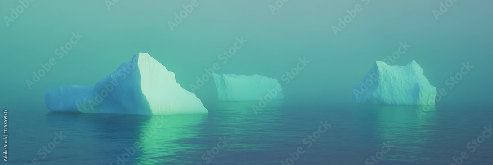 Poster surreal landscape of floating icebergs and ethereal light in thick fog creates a dreamlike scene