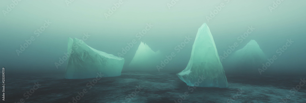 Poster surreal landscape featuring floating icebergs amidst ethereal lighting and fog