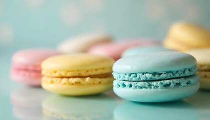 Colorful Macarons Delicious French Pastries on a Reflective Surface