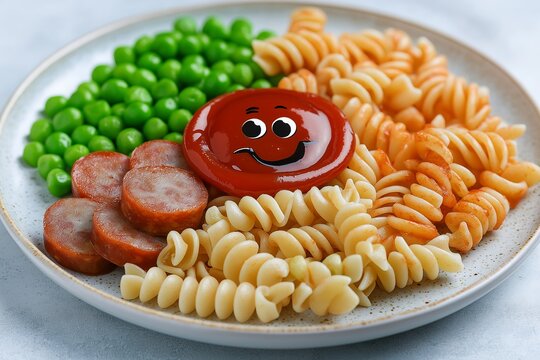 Colorful kids lunch with pasta, peas, and a smiley ketchup character on a plate served bright and inviting for dairy meals. A delightful breakfast for kids for making food enjoyable for children
