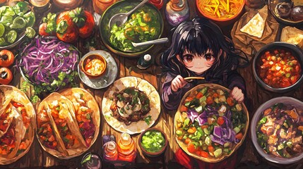 Anime girl eating healthy salad, top-down view of vibrant taco table feast