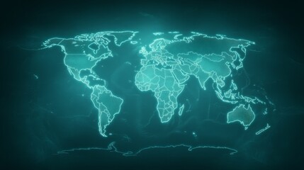 Blue glowing world map, visualizing global connectivity, networks and international communication