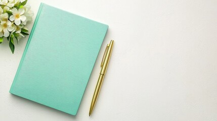 Elegant turquoise notebook and gold pen on a light background with fresh flowers