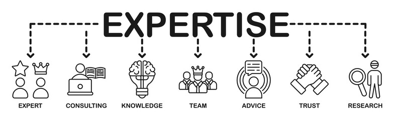 Expertise banner web icon vector illustration concept representing of high-level knowledge and experience with an icon of expert, consulting, knowledge, team, advice, trust, and research