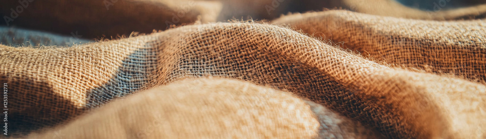 Poster close-up view of coarse fibers and texture of burlap sack against bright background