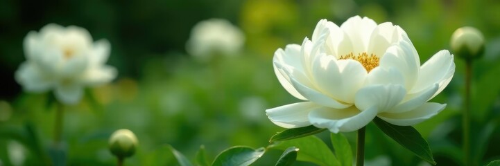 White peonies blooming in a lush garden amidst greenery, blossom, peony, white flowers