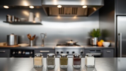 Spice Jar Mockup, Industrial kitchen with stainless steel and photorealistic square spice jars in the foreground.
