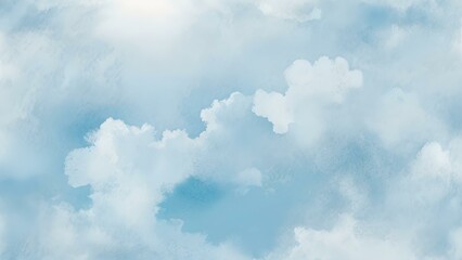 Beautiful Watercolor Texture of Blue Sky with Bright Sunshine and Soft White Clouds on Wet Paper Background