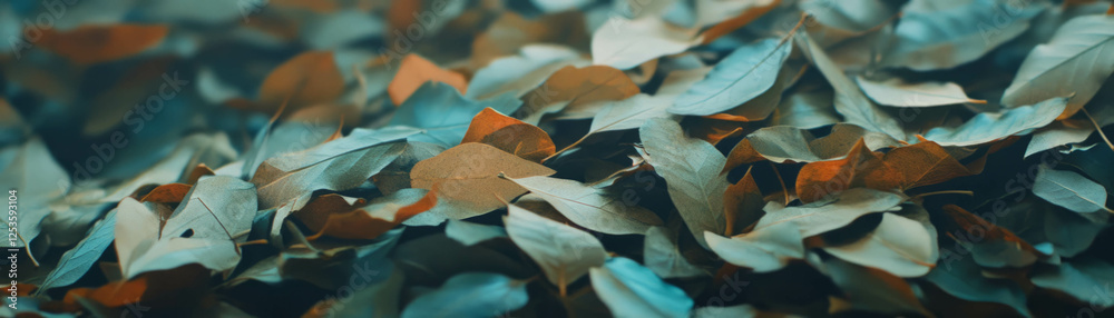 Poster Textured layers of dry leaves create a vibrant background with rich shadows