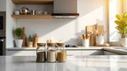 Spice Jar Mockup, Modern kitchen with sleek countertops and photorealistic unlabeled spice jars in the foreground.