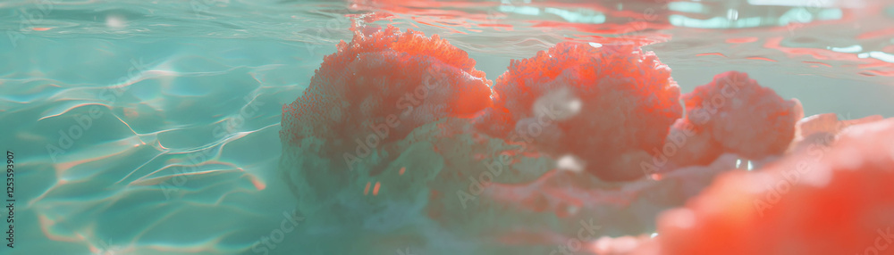 Poster textured coral with neon red highlights washed up on vibrant beach setting