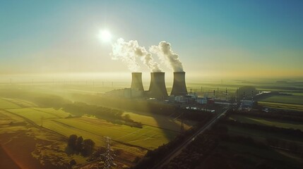 Aerial view of modern nuclear power plant with cooling towers emitting steam against clear blue sky, surrounded by lush green fields, symbolizing clean energy and environmental balance.