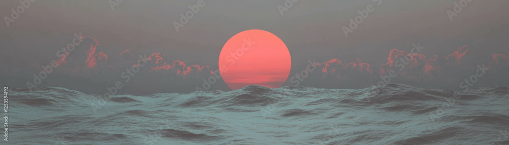 Poster Sunset over the ocean horizon with colorful clouds in grayscale for a vibrant backdrop