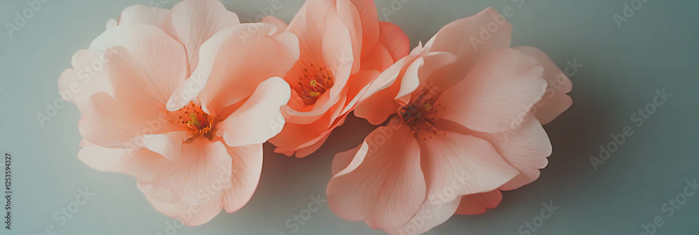 Poster Three overlapping sakura petals create a delicate arrangement on a soft gray background