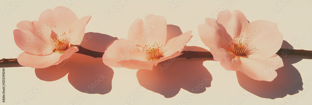 Poster Sakura petals arranged in a diagonal line on a light beige background for a bright visual effect