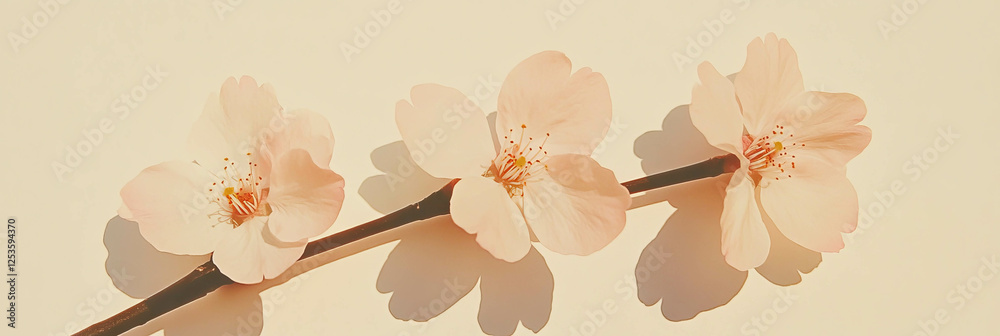 Poster three delicately arranged sakura petals on a soft beige background for a serene display
